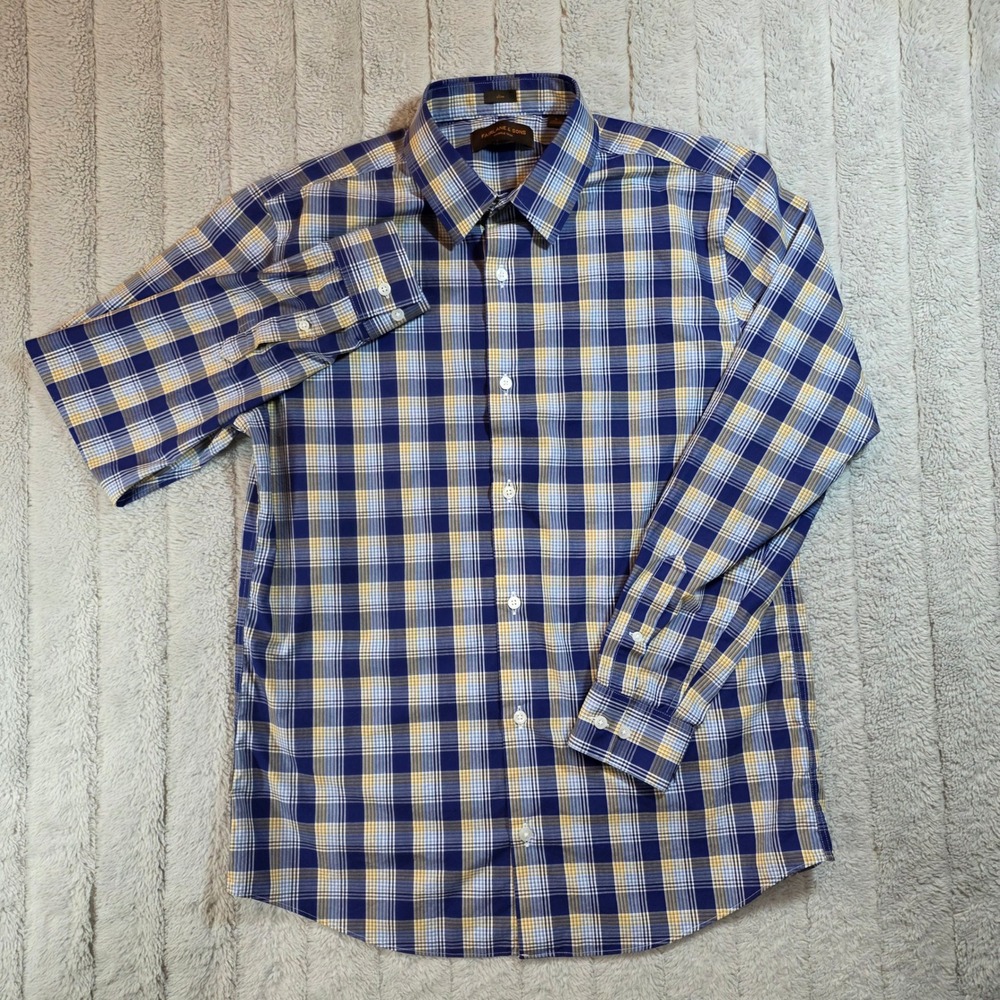 Fairlane & Sons Mens Slim Fit Plaid Button Down Shirt Blue Yellow Wrinkle Free L